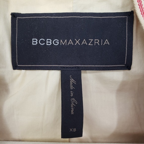 BCBGMaxazria Striped Abbey Blazer XS Asymmetrical Open Front 100% Cotton Tan Red - Picture 5 of 11